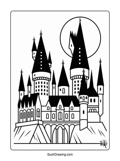 Black and white line drawing of a castle with tall towers and a moon