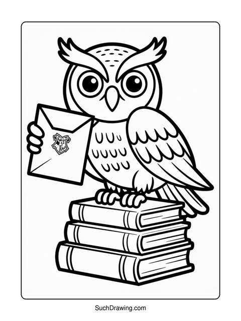Black and white coloring page of an owl holding a letter on books