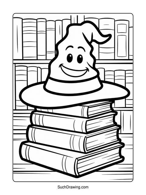 A smiling witch hat on top of a stack of books in front of a bookshelf