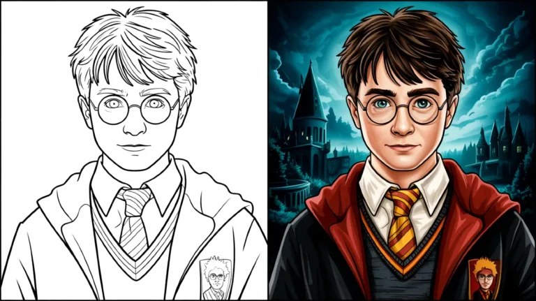 Harry potter coloring page featuring the young wizard with glasses and hogwarts attire