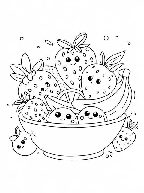 A cheerful fruit salad coloring page with smiling strawberries, bananas, and oranges