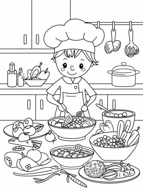 A chef in a kitchen scene preparing healthy food, surrounded by fruits and vegetables