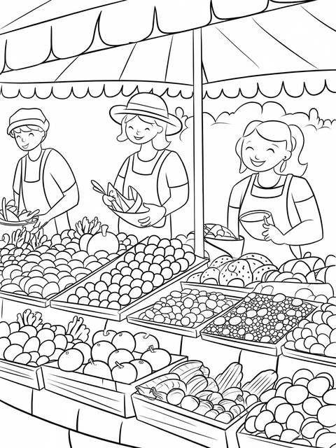 Black and white illustration of a farmer's market with fresh produce and vendors