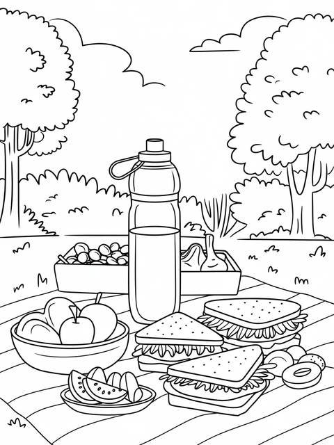 Black and white coloring page of a healthy family picnic scene with food and drink