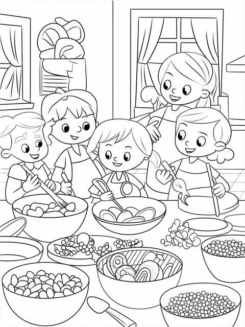 Children in a cooking class preparing healthy food, with bowls of ingredients