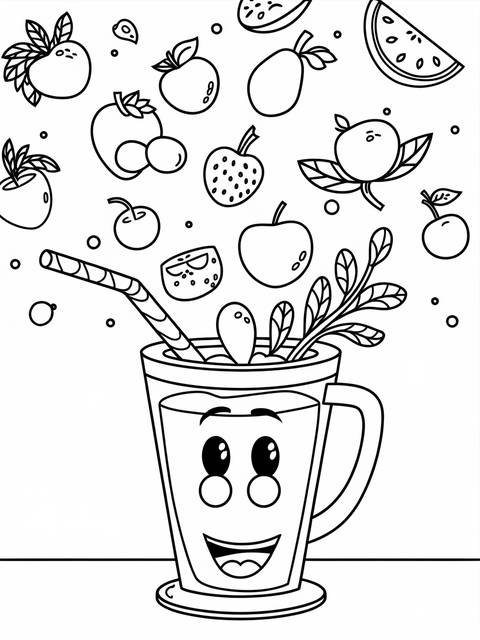Coloring page illustration of a funny smoothie blender with falling fruits and vegetables