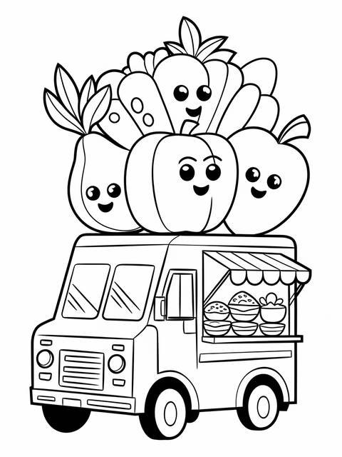A happy food truck serving healthy food, topped with smiling fruits and vegetables