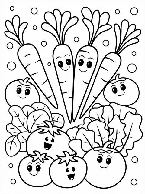 Playful vegetable garden coloring page featuring smiling carrots and tomatoes, promoting healthy food