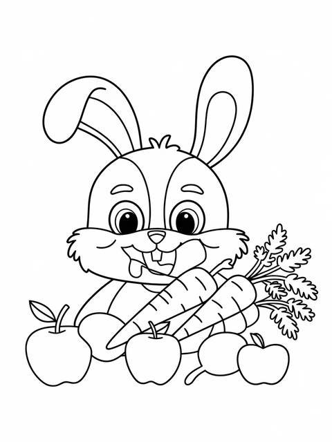 An adorable animal character, a rabbit, with healthy food: apples and carrots