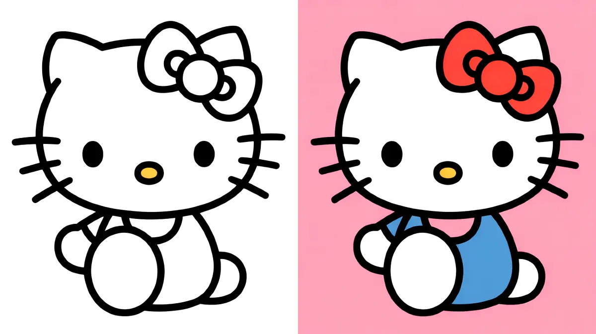 Hello kitty coloring page with a black outline and a pink background