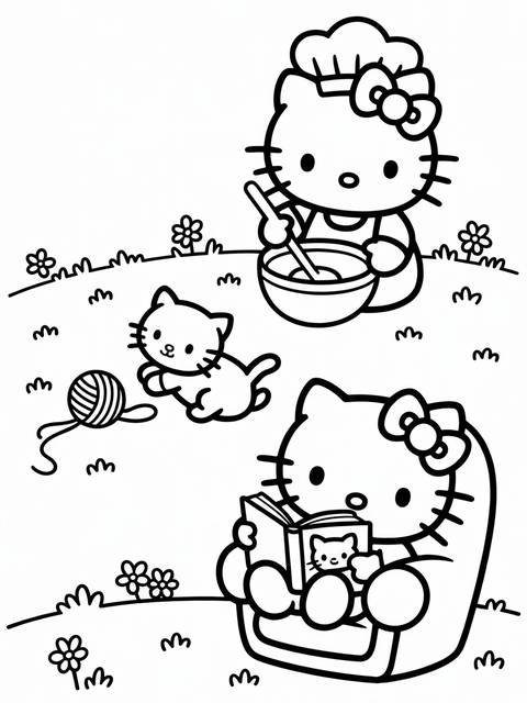 Hello kitty coloring page: three scenes of hello kitty in a black and white illustration