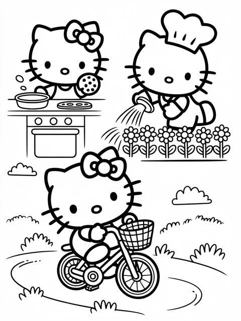 Black and white line art hello kitty coloring page with various activities