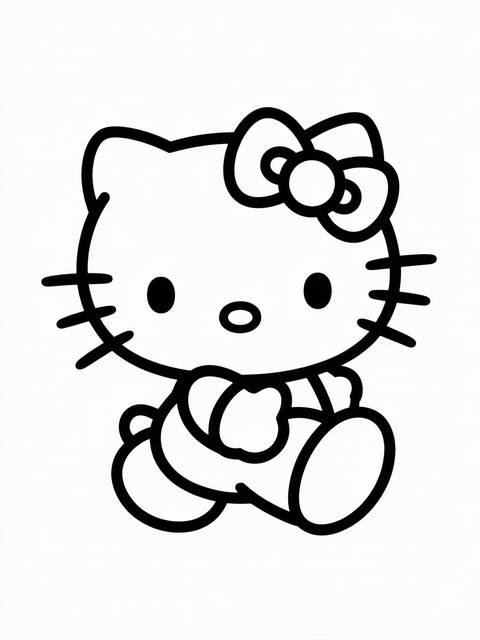Black and white hello kitty coloring page, simple outline of the character