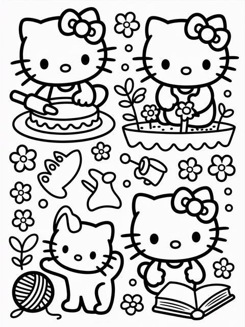 Black and white line art illustration of hello kitty coloring pages with various activities