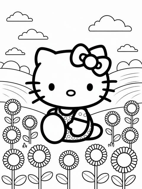 Black and white line art illustration of hello kitty in a sunflower field