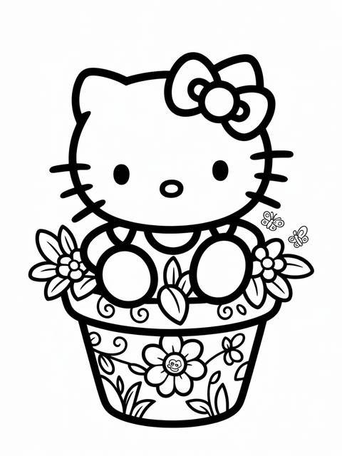 Black and white line art illustration of hello kitty in a flower pot