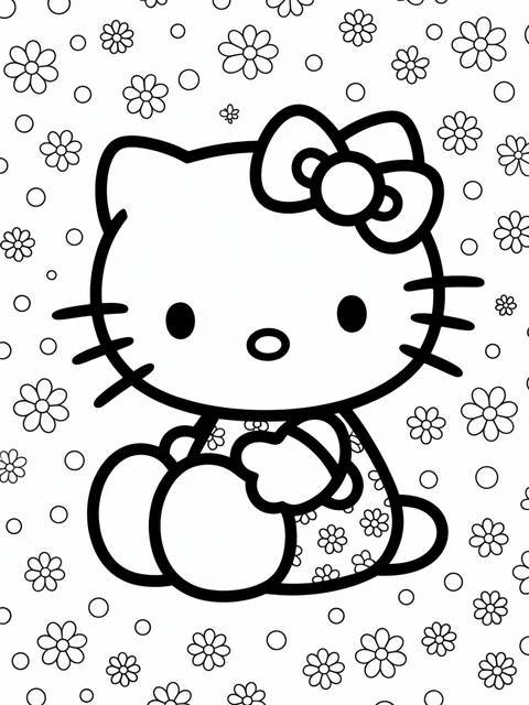 Black and white line art illustration of hello kitty coloring page with flowers