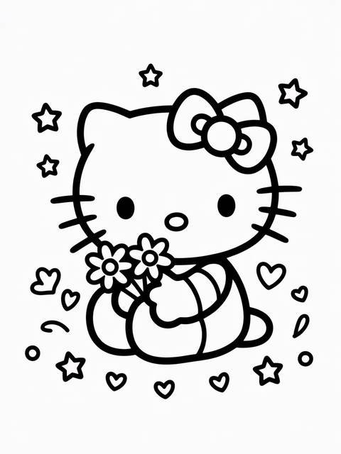 Hello kitty coloring page: black and white illustration holding flowers, surrounded by stars