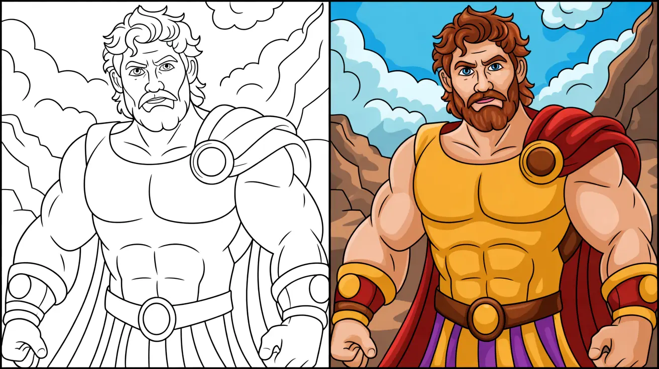 Hercules coloring page: a two-panel image showing the hero in color and outline