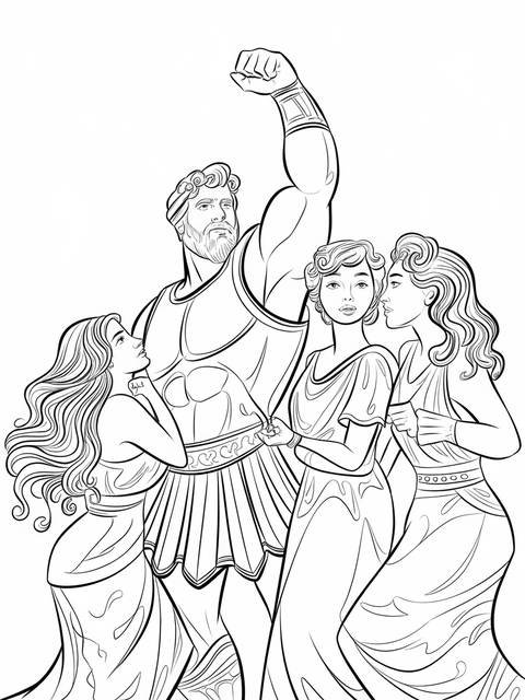 Hercules and the muses: a black and white line drawing of a group