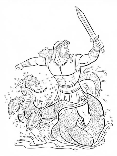 Hercules, wielding a sword, battling the hydra in a detailed black and white illustration