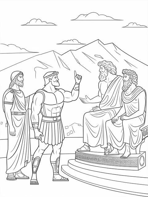 Hercules meeting the gods on a mountain, a coloring page illustration