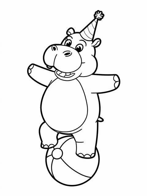 A hippo balancing on a beach ball, wearing a party hat, smiling broadly