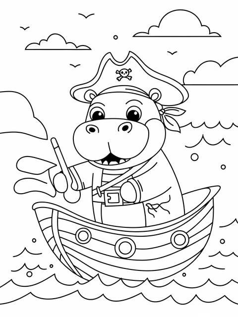 A hippo pirate sailing a boat on the sea, part of a coloring page