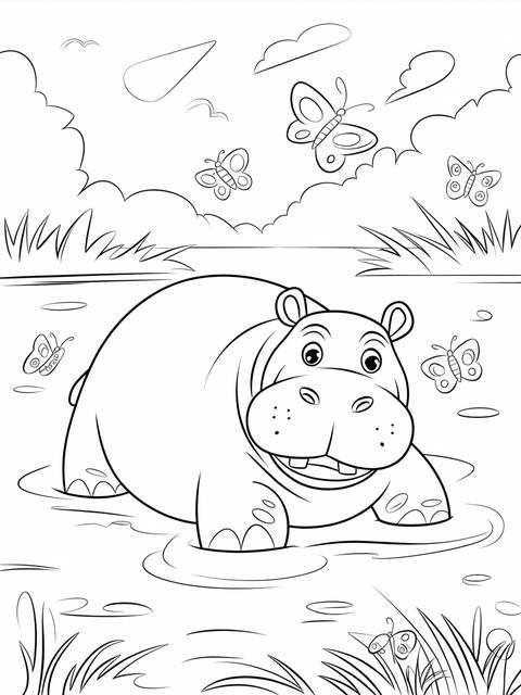 A hippo lounging in a sunny river, surrounded by butterflies, ready to be colored