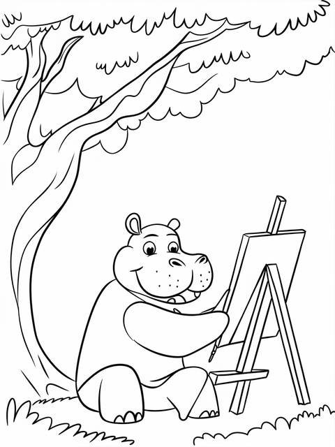 A hippo painting on a canvas, under a tree, from the 'hippo painting' series