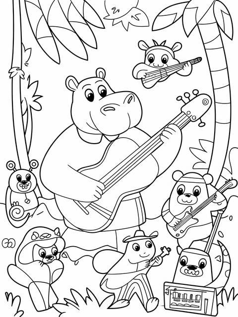 Coloring page of a hippo playing a musical instrument with other animal musicians