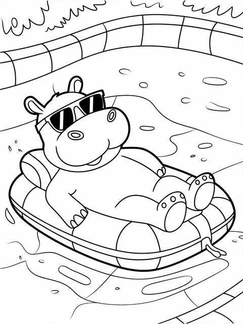 Hippo wearing sunglasses relaxing in a pool on a float, ready for summer fun