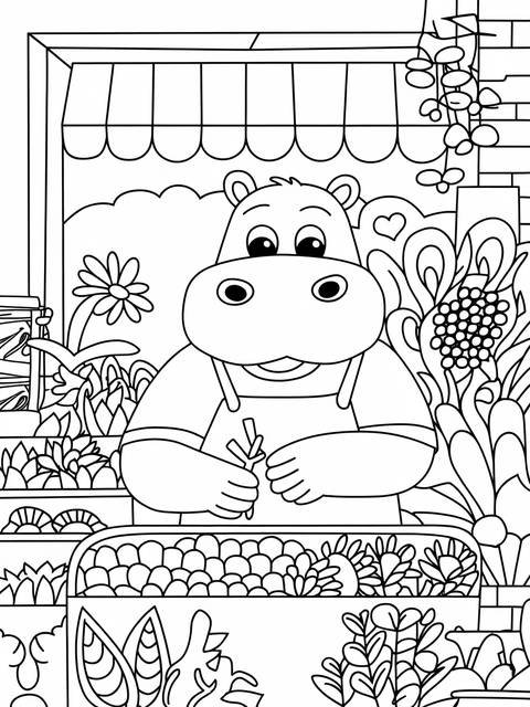 A hippo working in a flower shop, surrounded by plants and flowers