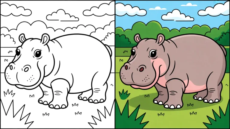 Hippo coloring page: a two-panel image showing a hippo, colored and uncolored