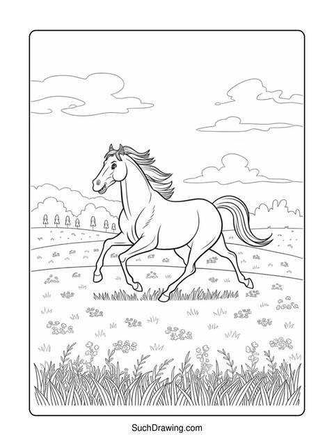 Line drawing of a horse running in a field with a cloudy sky