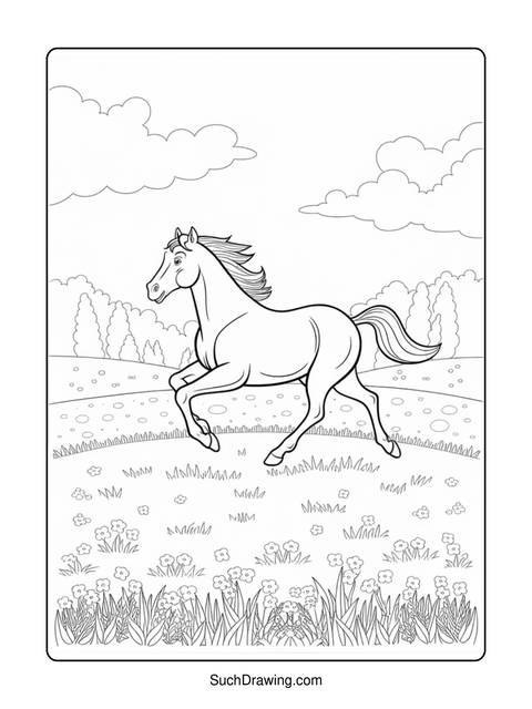Black and white coloring page of a horse running through a field