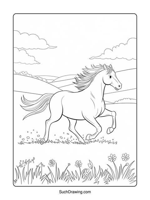 A line drawing of a horse running in a field with clouds above