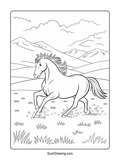 A coloring page depicting a horse running in a grassy field