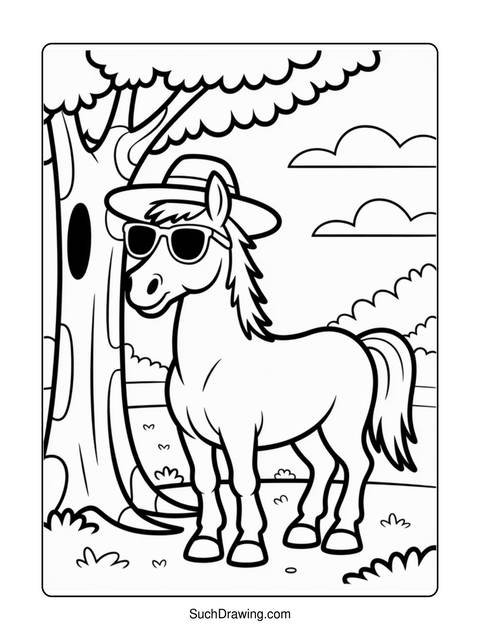 A coloring page of a horse wearing sunglasses and a hat