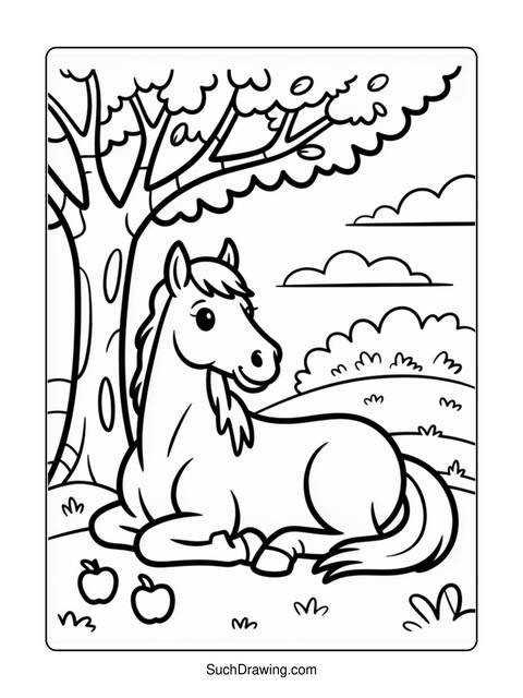 A coloring page of a horse resting under a tree with apples