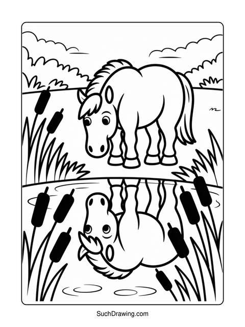 A coloring page of a horse standing near water with its reflection