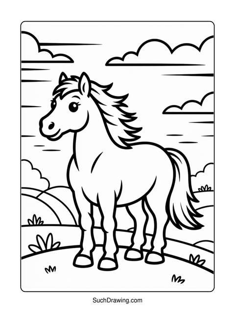 Line art of a horse standing in a field with clouds
