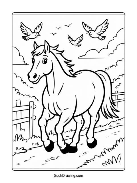 A coloring page of a horse with birds flying in the sky