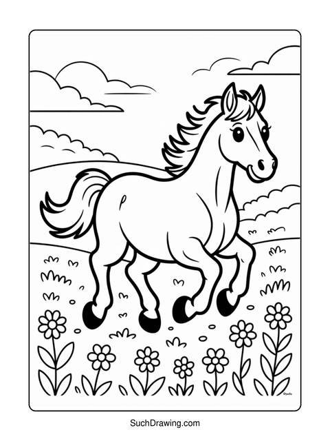 A line art illustration of a horse running in a field with flowers