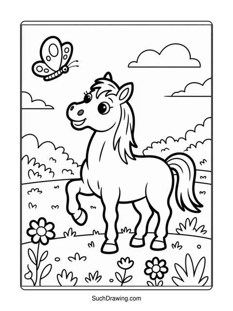 A coloring page of a horse with a butterfly and flowers