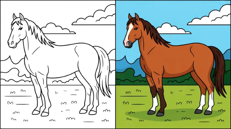 Horse coloring page, featuring a side view of a standing horse in a field