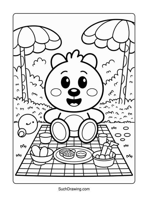 Black and white coloring page of a bear having a picnic
