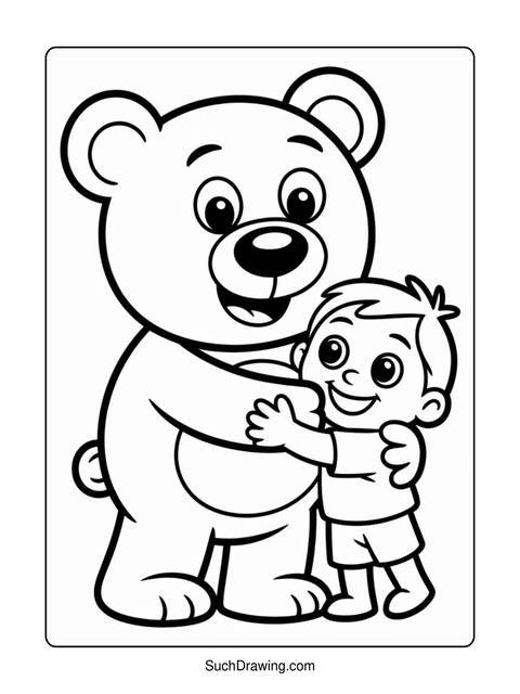 A coloring page of a bear hugging a smiling child