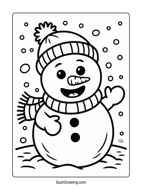 Black and white illustration of a smiling snowman wearing a hat and scarf