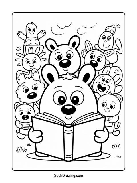 A group of cartoon animals gathered around a large book